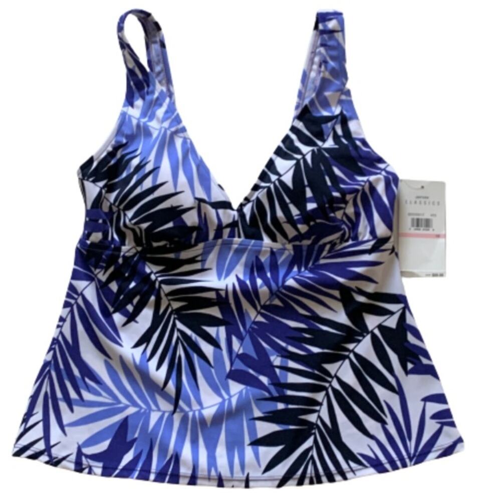 Jantzen Classics Tankini Swim Top Blue White Fern Print Swimsuit Top Size 10 NEW